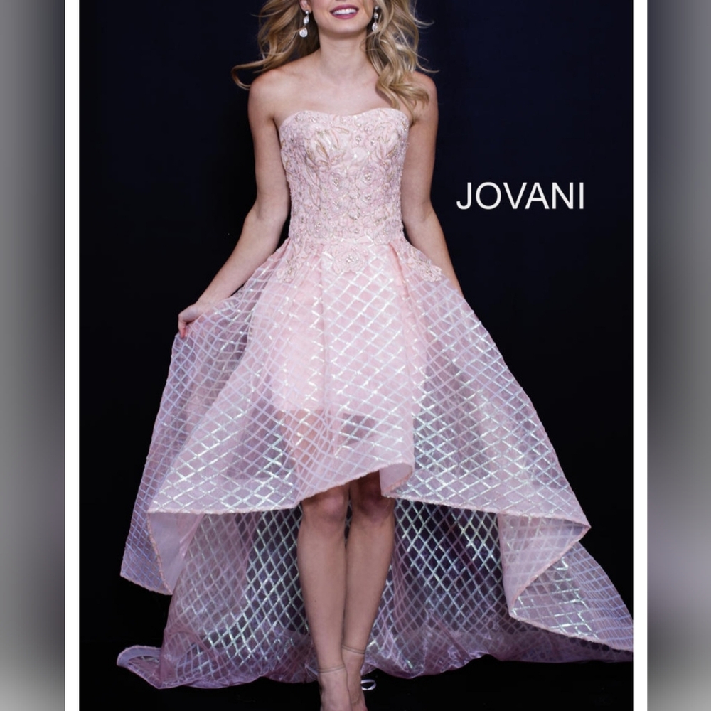 Jovani Blush Pink Peach Hi-low Dress with Beaded Accents, Size 2